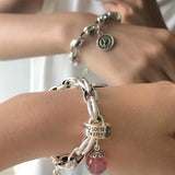 925 Silver Chain Pink Geometric Beads Adjustable Bracelet