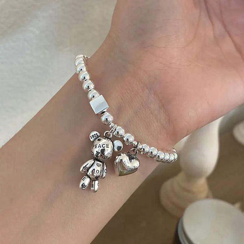 925 Silver Bracelet Beads Vintage Bear Pendant Party Jewelry