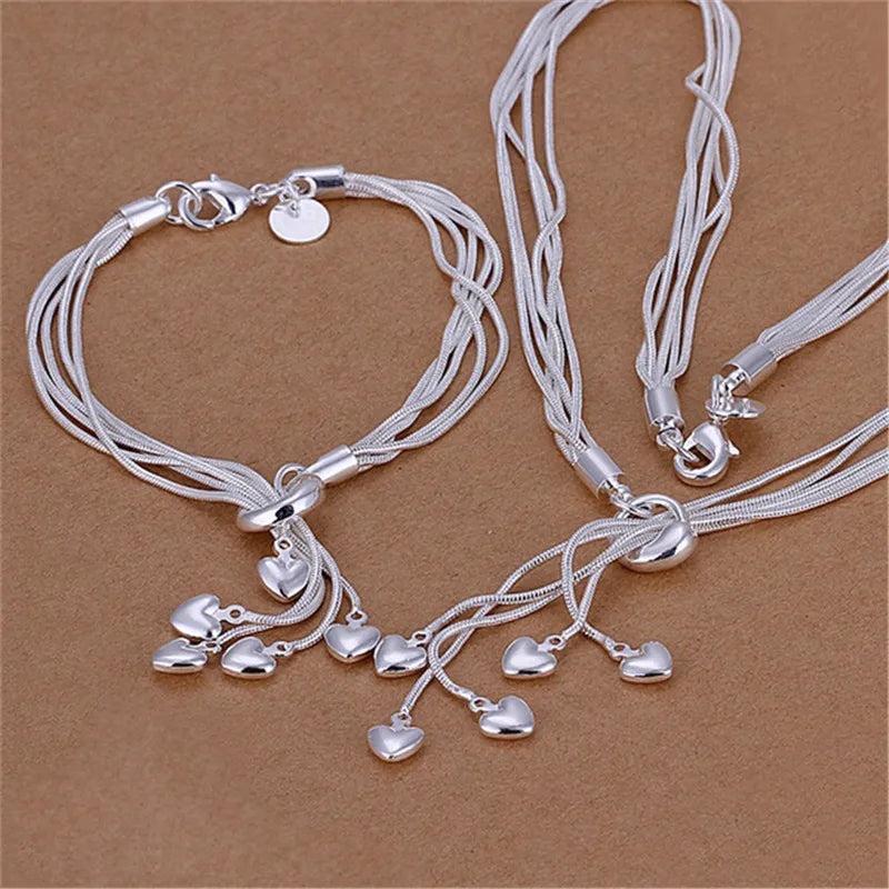 925 Silver Bracelet Necklace Set Tassel Heart Wedding