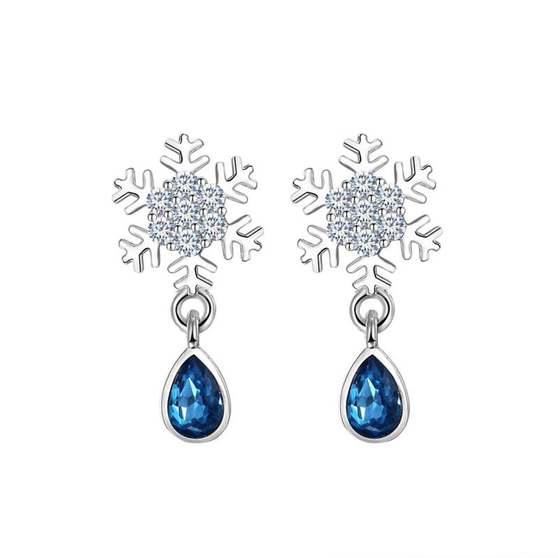 925 Silver Crystal Snowflake Stud Earrings Vintage Jewelry FQL21551