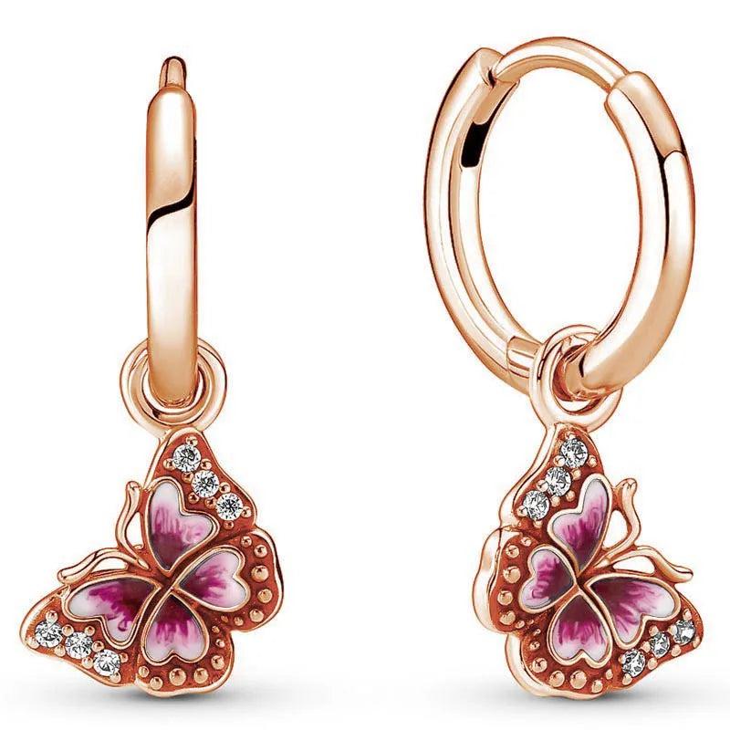 925 Silver Butterfly Hoop Earrings Blue&Pink Enamel Women Birthday Gift DIY Jewe