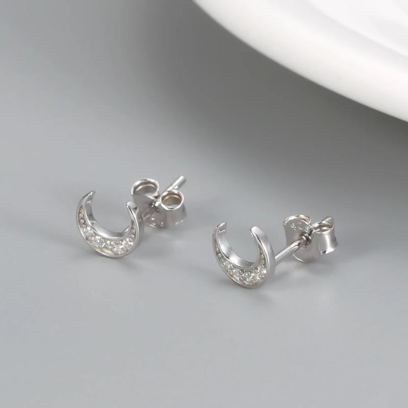 Moon-Shaped Stud Earrings Diamond Silver Jewelry Ear Clip