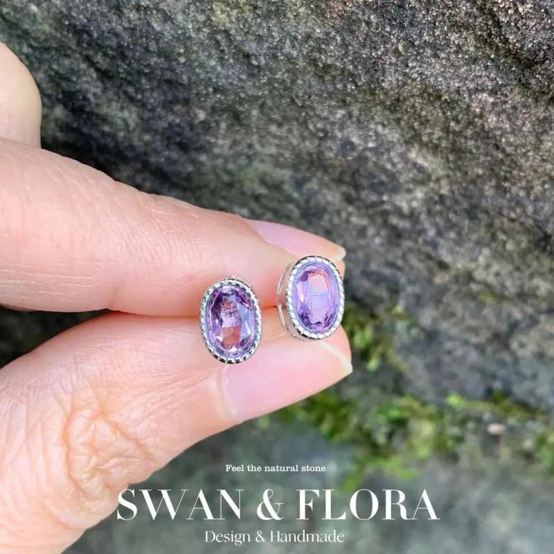 5*3MM Amethyst Stud Earrings 925 Silver Vintage Gift