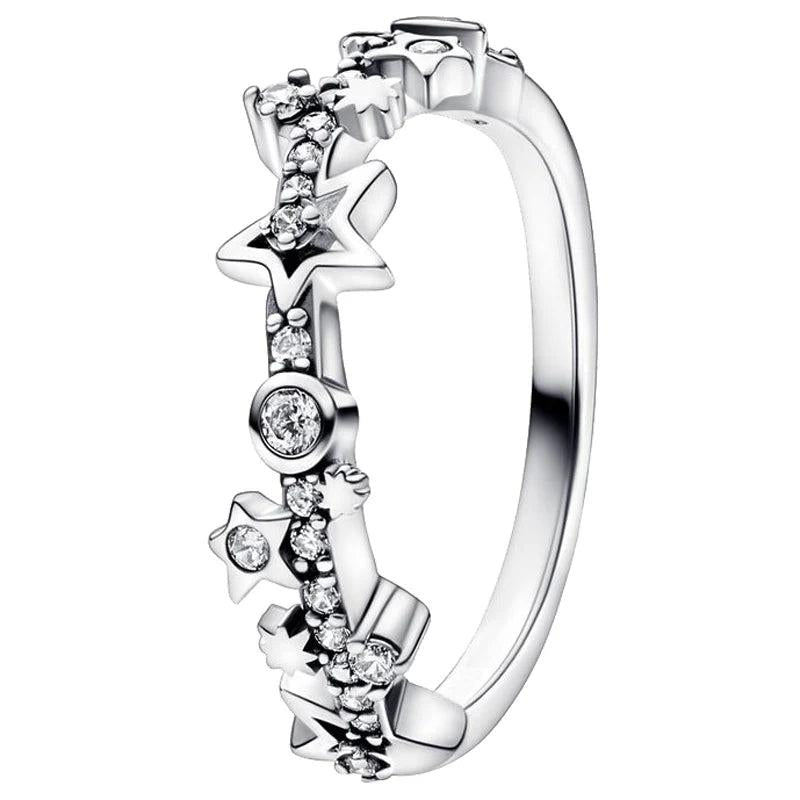 925 Silver Crescent Moon Stars Two-tone & Pave Double Band Ring