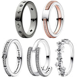 925 Silver Crescent Moon Stars Two-tone & Pave Double Band Ring