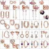 925 Silver Sparkling PAN Earrings Zircon Heart Flower Crown Clover Rose Love