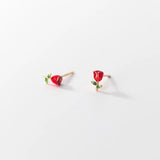 925 Silver Red Rose Stud Earrings Love Gift for Girl Wife