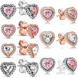 925 Silver Rose Sparkling Elevated Heart Earring With Pink Crystal