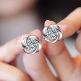 Pink Camellia Flower Stud Earrings 925 Silver Needle Earrings