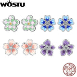 925 Silver Purple Orange Flower Earrings Blue-white Studs