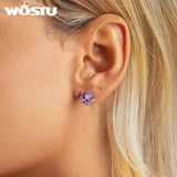 925 Silver Purple Orange Flower Earrings Blue-white Studs