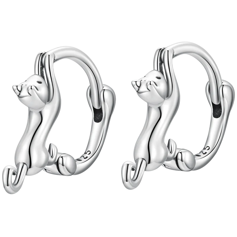 925 Silver Cat Earrings Oxidation Shining Ear Buckles for Women