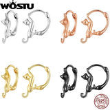 925 Silver Cat Earrings Oxidation Shining Ear Buckles for Women
