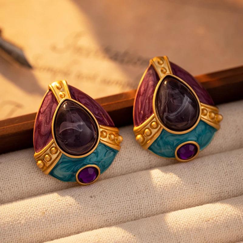 Vintage Enamel Purple Resin Teardrop Stud Earrings for Women - Party Gift