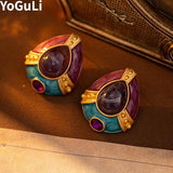 Vintage Enamel Purple Resin Teardrop Stud Earrings for Women - Party Gift