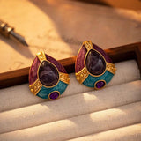 Vintage Enamel Purple Resin Teardrop Stud Earrings for Women - Party Gift