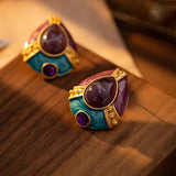 Vintage Enamel Purple Resin Teardrop Stud Earrings for Women - Party Gift