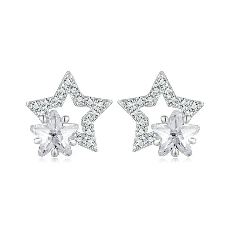 925 Silver Double Star Zircon Earrings Bling CZ Hollow Out Ear Clips