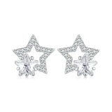 925 Silver Double Star Zircon Earrings Bling CZ Hollow Out Ear Clips