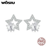 925 Silver Double Star Zircon Earrings Bling CZ Hollow Out Ear Clips