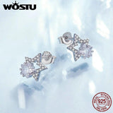 925 Silver Double Star Zircon Earrings Bling CZ Hollow Out Ear Clips