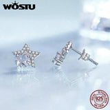 925 Silver Double Star Zircon Earrings Bling CZ Hollow Out Ear Clips