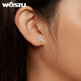 925 Silver Double Star Zircon Earrings Bling CZ Hollow Out Ear Clips