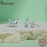 Platinum Plated Butterfly Stud Earrings CZ 925 Silver Dainty Insect