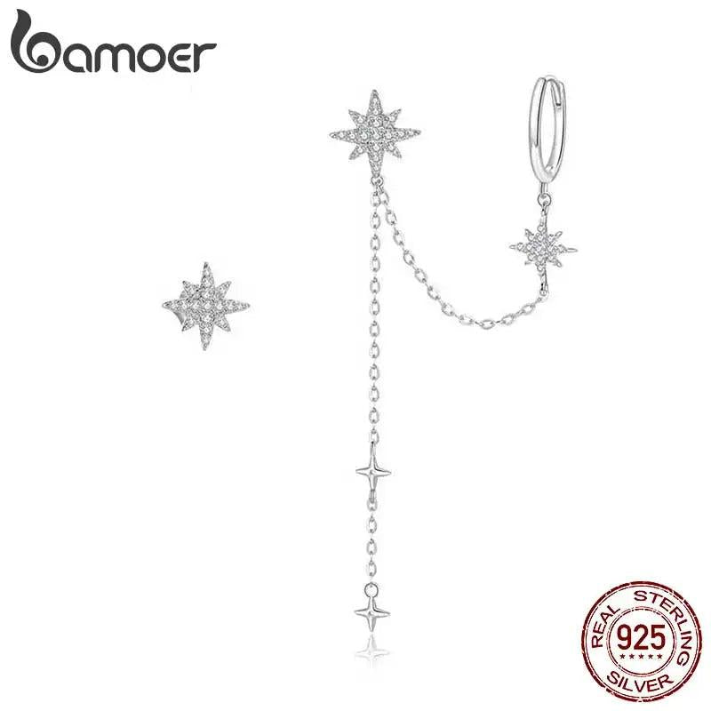 925 Silver Star Drop Earrings CZ Stud Asymmetric Women Gift BSE433