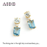925 Silver Square Sea Zircon Stud Earrings for Women Girls Piercing Drop Earring