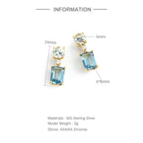 925 Silver Square Sea Zircon Stud Earrings for Women Girls Piercing Drop Earring