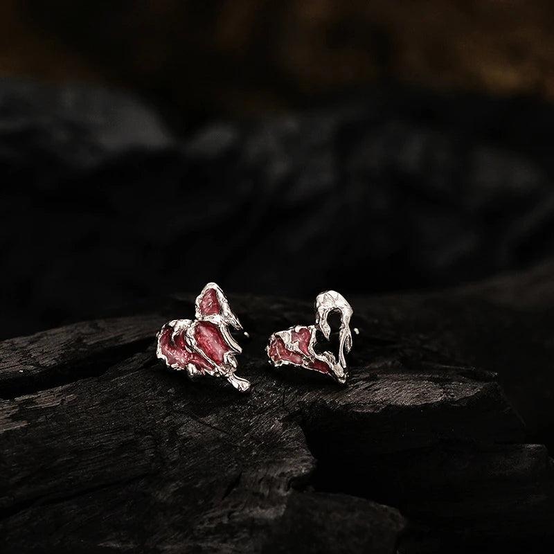 925 Silver Y2k Sweet Heart Stud Earrings Asymmetric Texture Personality Jewelry