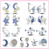 Sparkling Zircon Star Moon Stud Earrings 925 Silver Romantic Jewelry