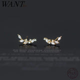 925 Silver Zircon Leaf Stud Earrings Women Wedding Party Jewelry
