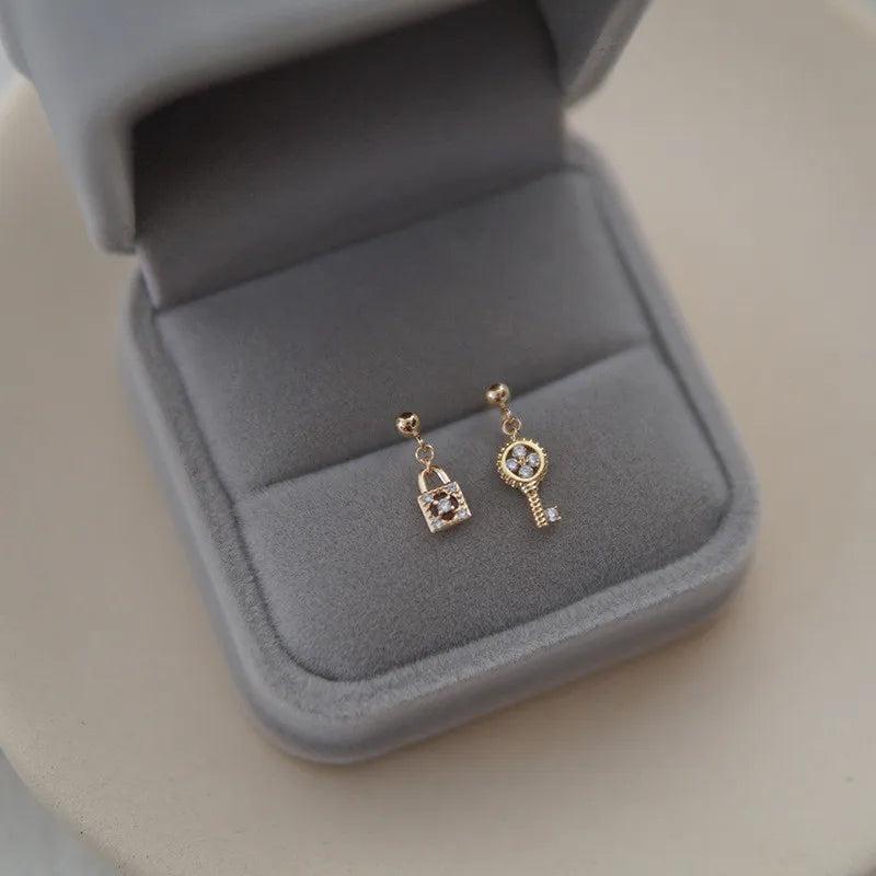 S925 Sterling Silver Asymmetric Crystal Lock Key Stud Earrings