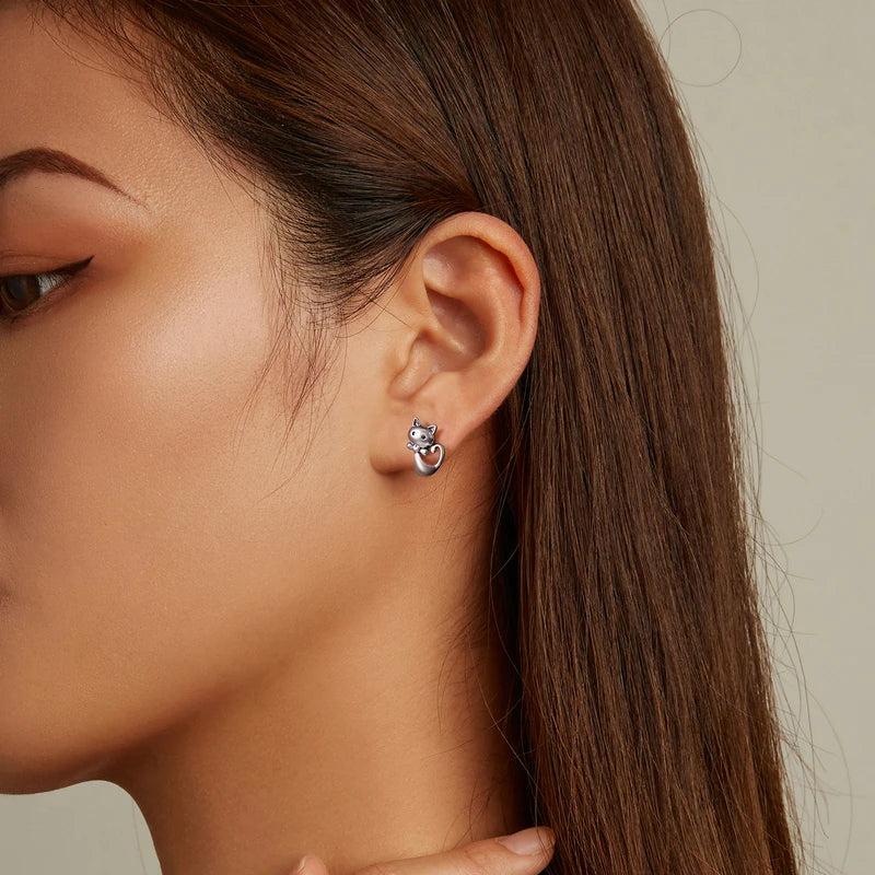 925 Silver Cat Stud Earrings, Lovely Design Gift for Women