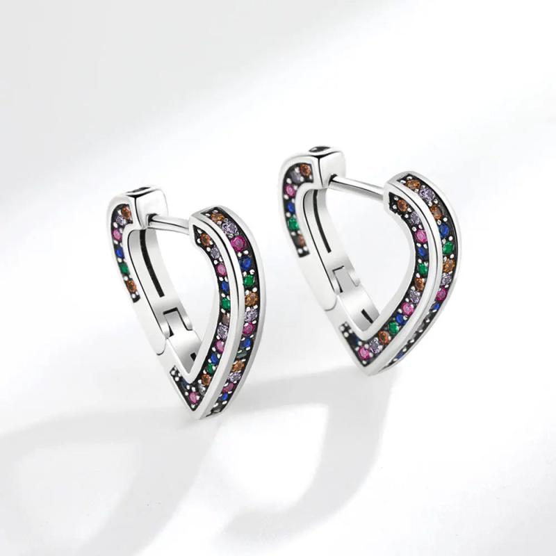 Rainbow Crystal Heart Stud Earrings 925 Silver Women Jewelry