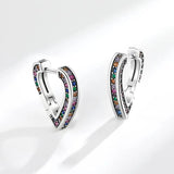Rainbow Crystal Heart Stud Earrings 925 Silver Women Jewelry