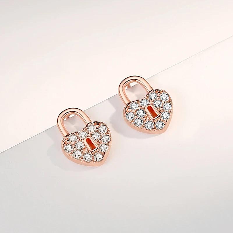 925 Sterling Silver Love Lock Stud Earrings AAA CZ Gift Jewelry