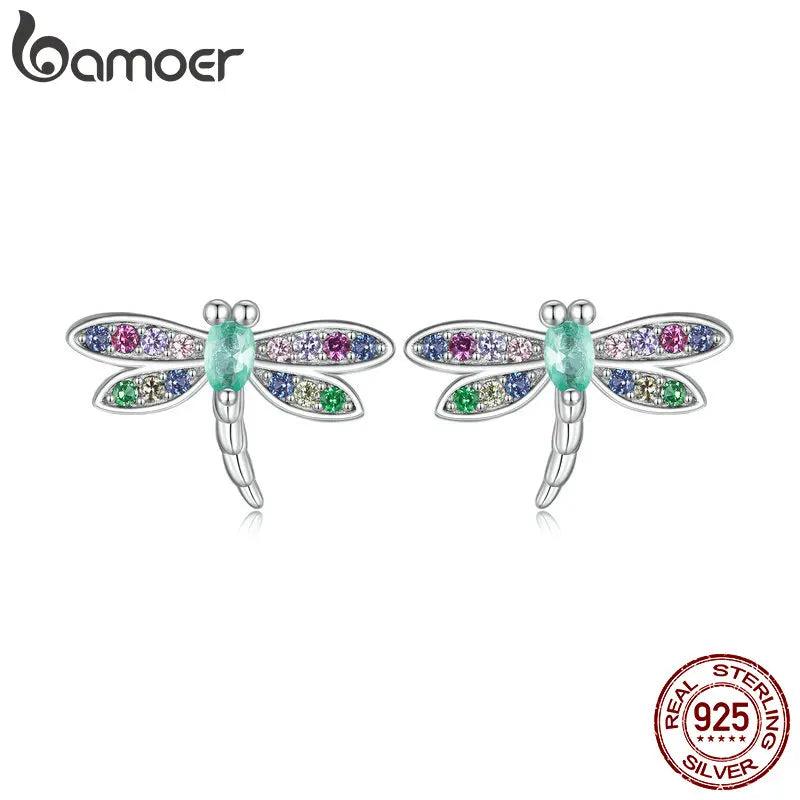 925 Silver Dragonfly Stud Earrings Colorful Zircon Jewelry BSE795