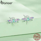 925 Silver Dragonfly Stud Earrings Colorful Zircon Jewelry BSE795