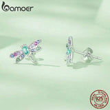 925 Silver Dragonfly Stud Earrings Colorful Zircon Jewelry BSE795