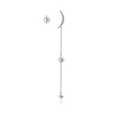 925 Silver Asymmetric Moon Star CZ Chain Stud Earrings for Women