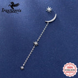 925 Silver Asymmetric Moon Star CZ Chain Stud Earrings for Women