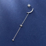 925 Silver Asymmetric Moon Star CZ Chain Stud Earrings for Women