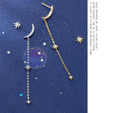 925 Silver Asymmetric Moon Star CZ Chain Stud Earrings for Women