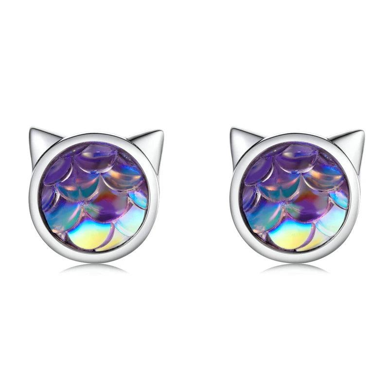925 Silver Fish Scale Heart Stud Earrings for Women Cat Ear Studs Jewelry Gift
