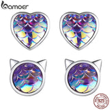 925 Silver Fish Scale Heart Stud Earrings for Women Cat Ear Studs Jewelry Gift