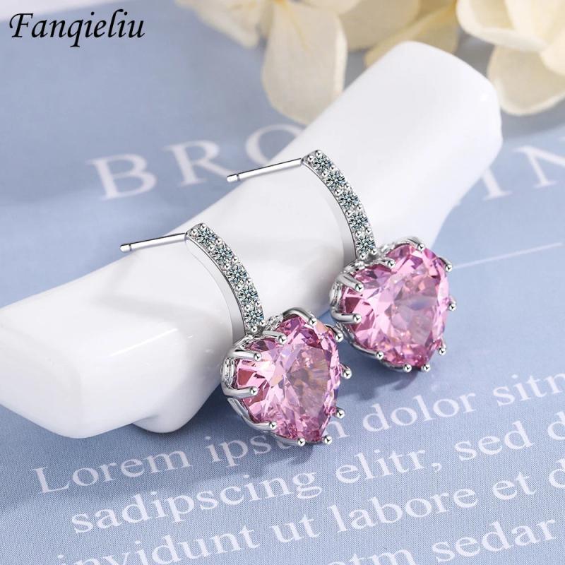 925 Silver Crystal Heart Stud Earrings Women Girl Gift FQL21355