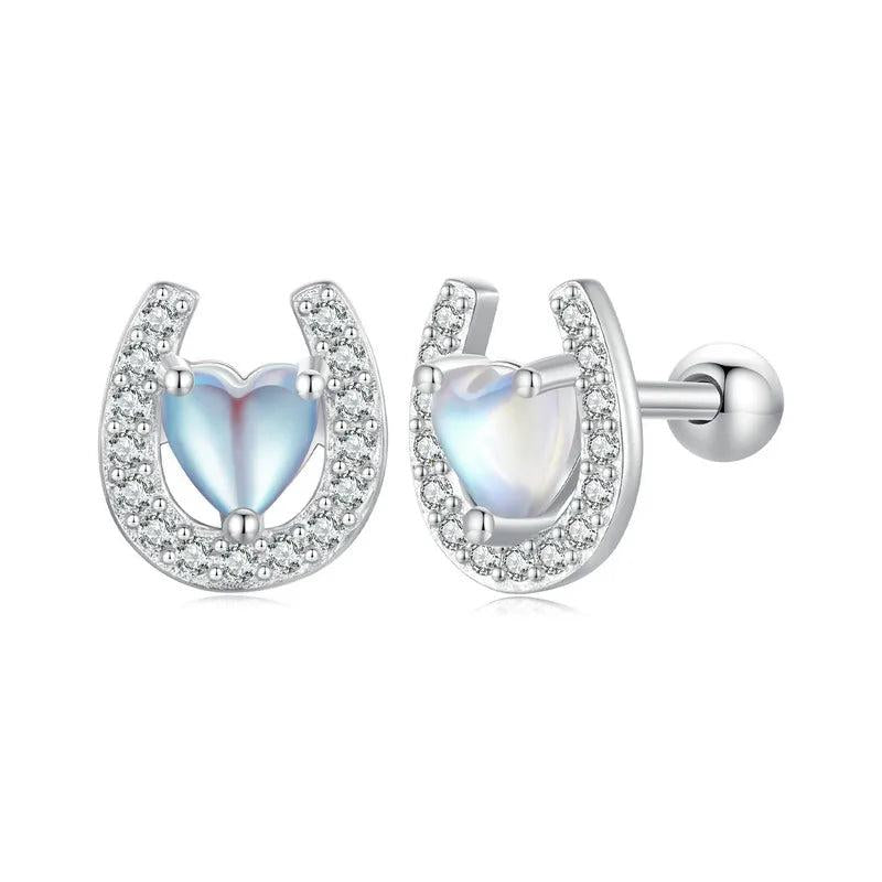 925 Silver Horseshoe Stud Earrings Rainbow Moonstone Zircon Ear Clips